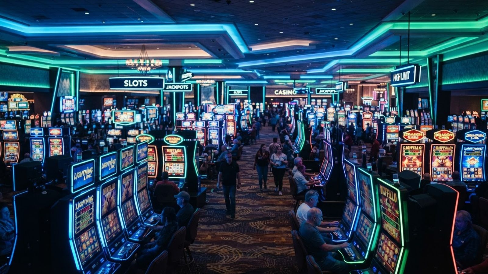 Moderne casino vloer met gloeiende gokkasten