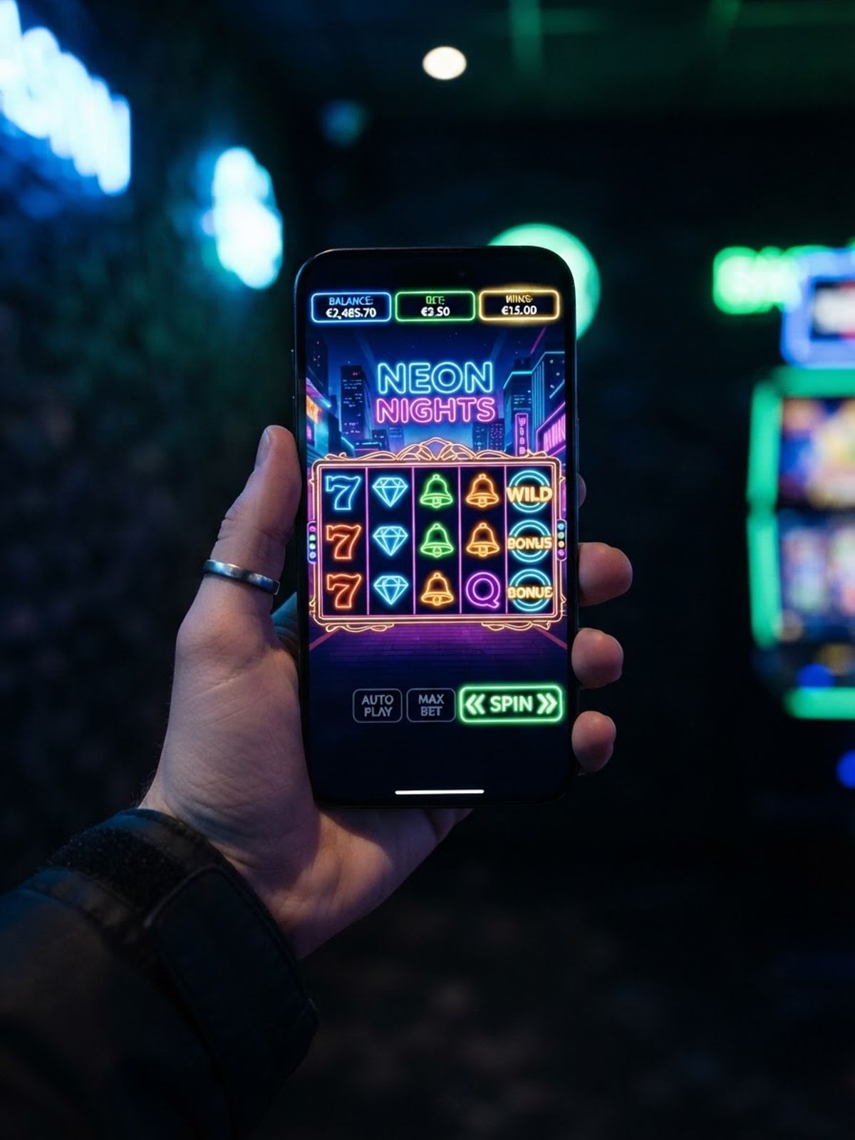 Speler houdt smartphone met casino gokkasten vast